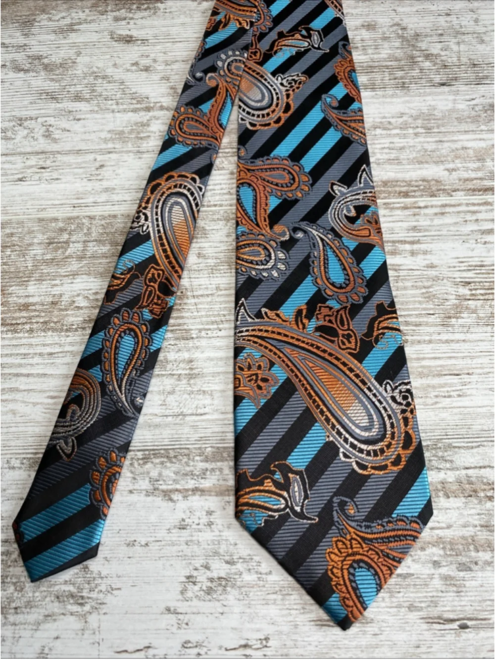 HISDERN Silk Necktie Teal Orange Blue Paisley Striped Modern Mens Tie 60